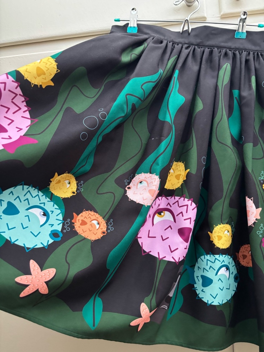 The Oblong Box Shop: Whimsical Puffer Fish Print Skirt in Black & Green - Picture 2 of 10